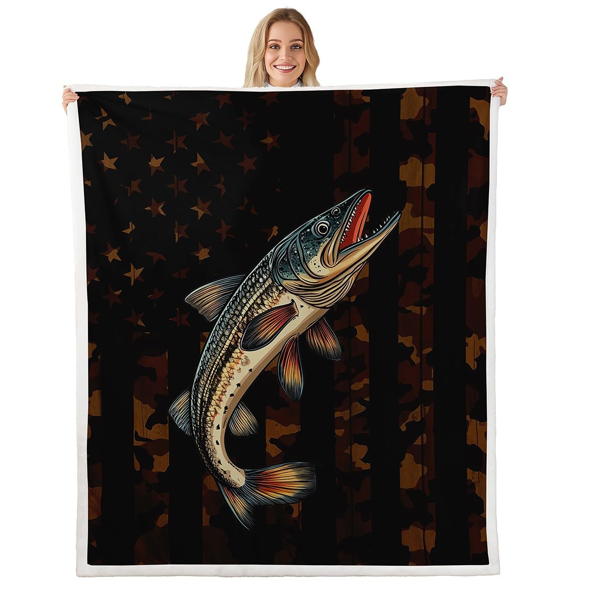 Couverture de peche au motif poisson et camouflage pour les soirees au coin du feu