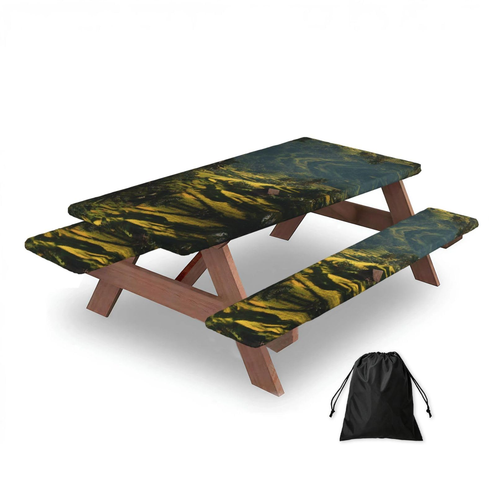 ESNAIUVCD Terraced Fields In Bali Print Picnic Table Cover With Bench Covers,Camping Essentials,Fitted Tablecloth Cover With Elastic Edge, For Indoor & Outdoor 3 Pcs