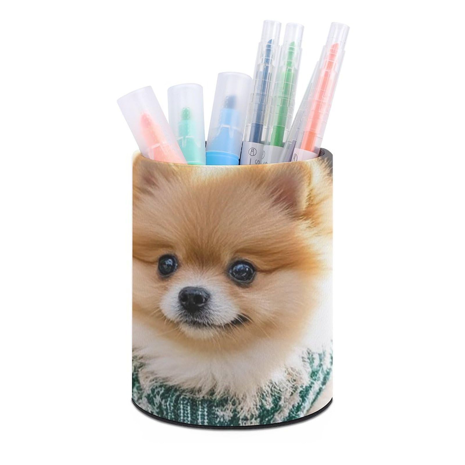 FekiLoot PU Leather Round Pen Holder Pomeranians Puppies Pencil Holder Desk Organizer Pen Organizer Pen Cup Pencil Cup Caddy Desktop Stationery Organizers for Office Home Supplies