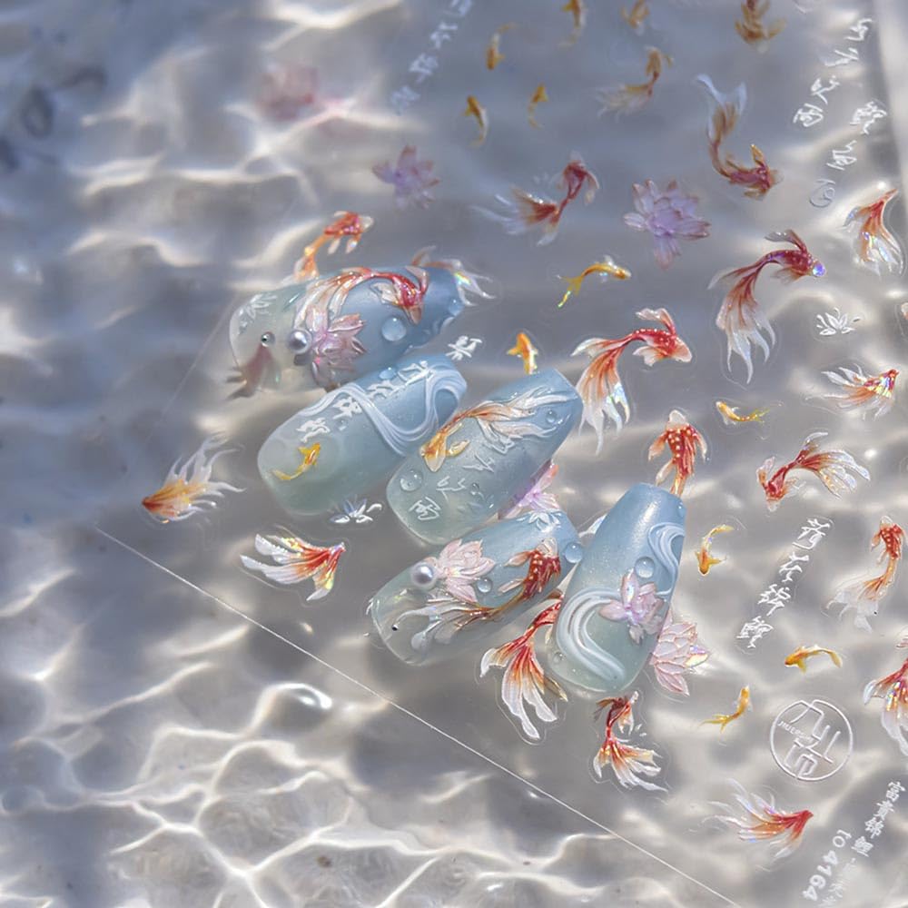 Goldfish Nail Art Stickers Sparkly Koi Fish Nail Stickers 5D Embossed Koi Lotus Lucky Red Self-Adhesive Nails Design Shell Light Goldfish Adhesive