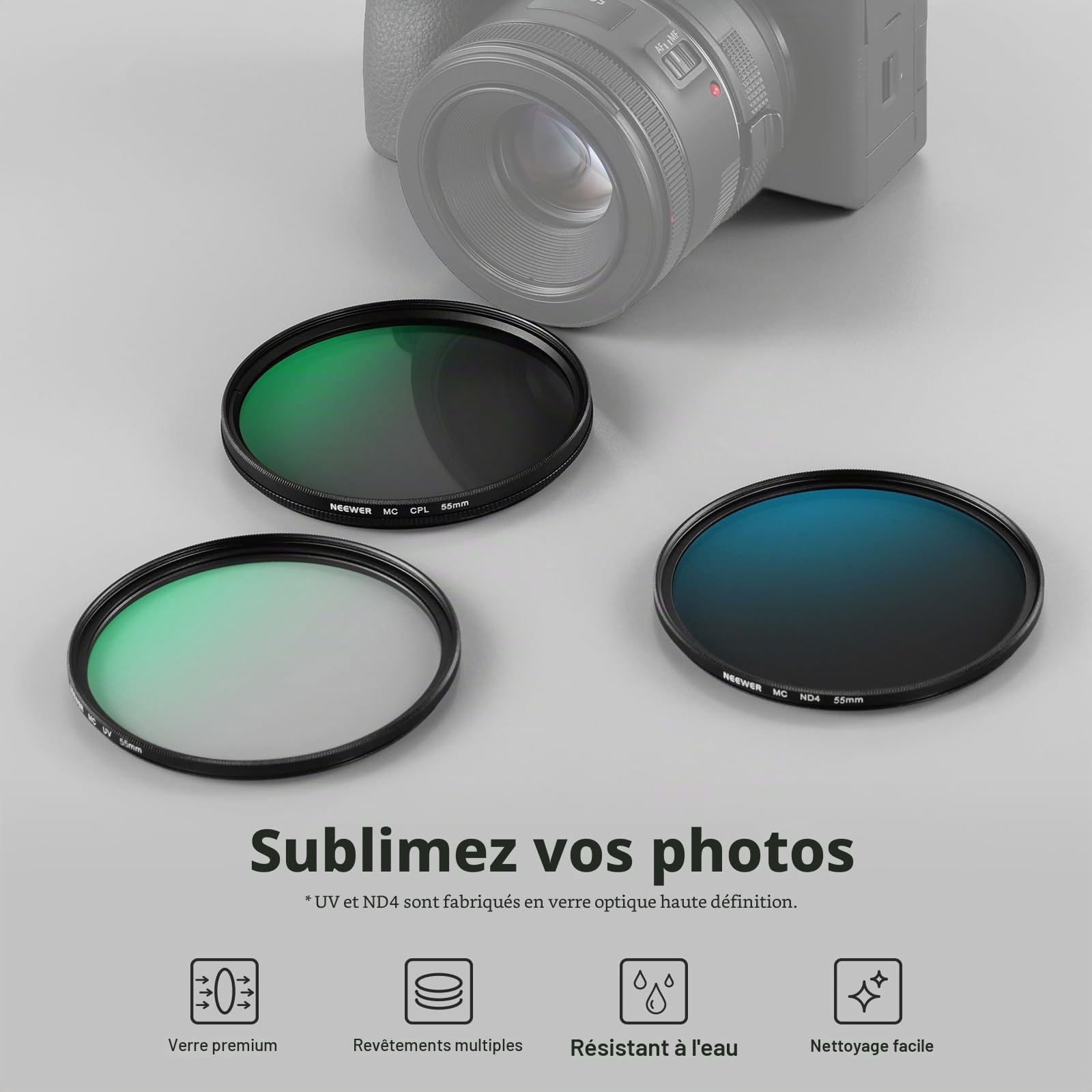 NEEWER 55mm Kit Filtres d'Objectif UV CPL ND Sac Rigide Verre Optique Cadre Alliage Aluminium