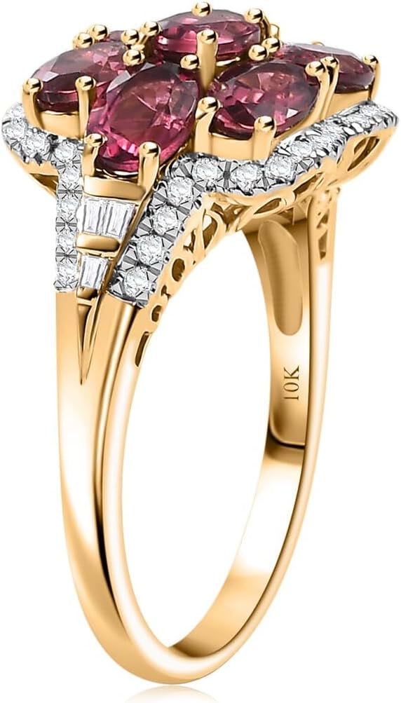 LUXORO AAA Rubellite White Diamond Oval 10K Yellow Gold Ring for Women Jewelry Birthday Gifts Size 6 Ct 2.98