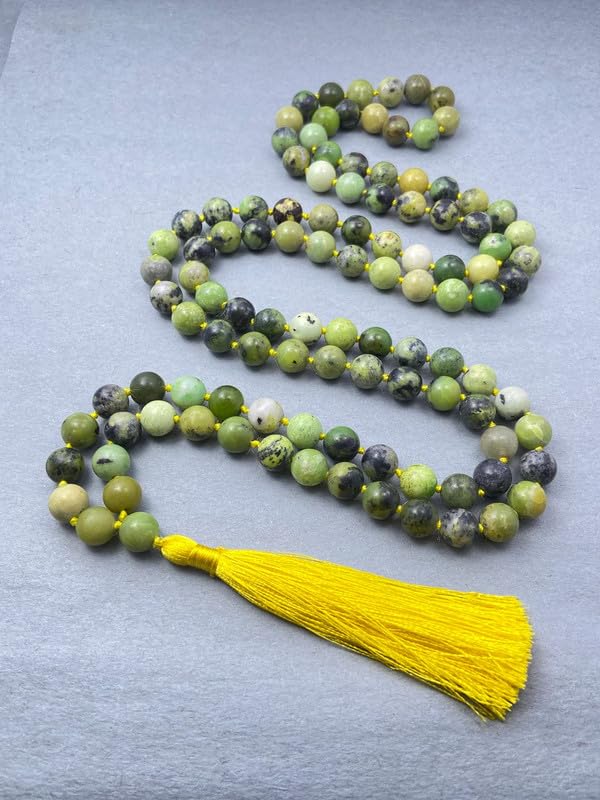 Mala de 108 cuentas de crisoprasa AAA natural, collar anudado de 10 mm, borla curativa de conexión a tierra, protección espiritual, meditación, equilibrio, Japa Mala