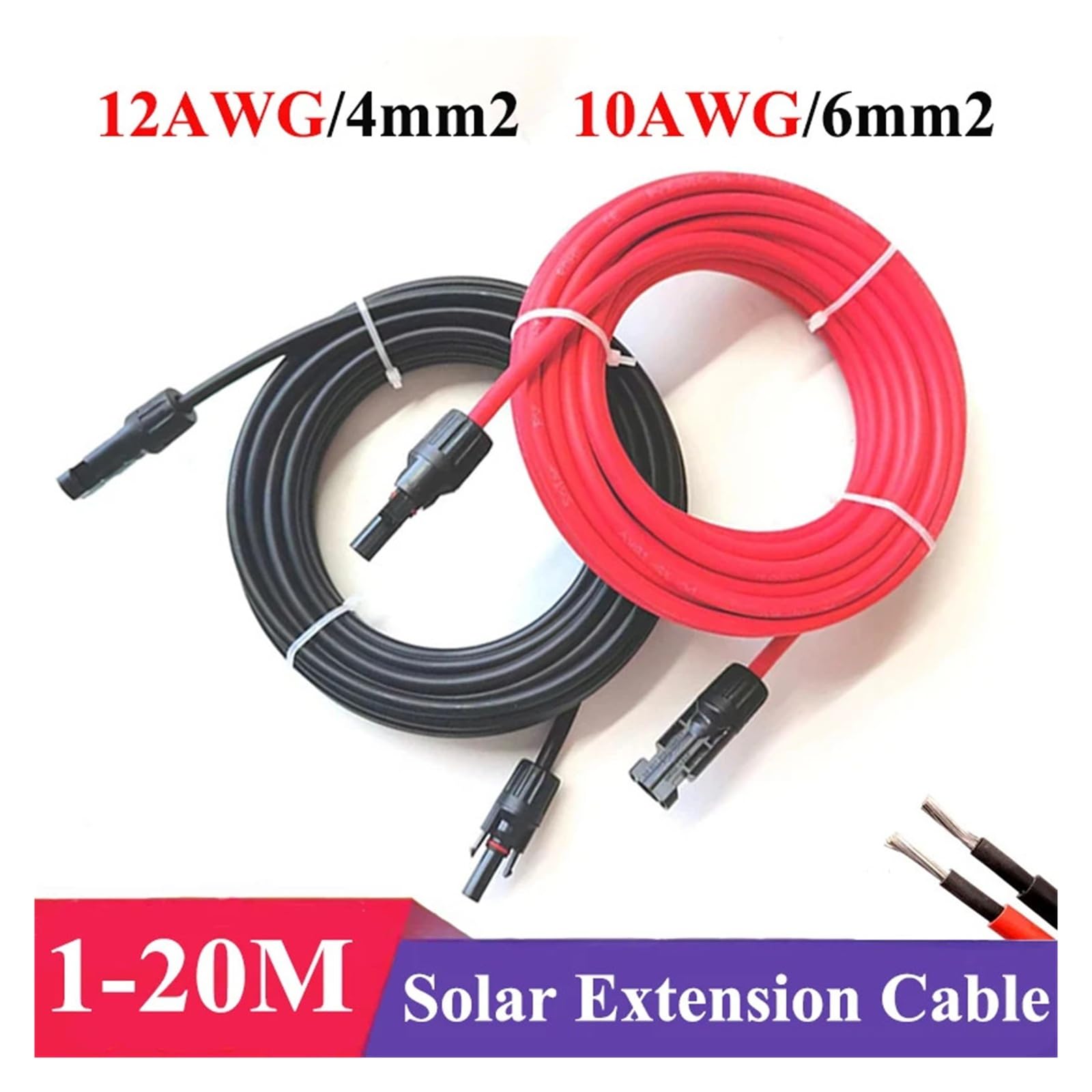 cavi solari Cavo di prolunga solare CC nero/rosso da 3,2 piedi a 65,6 piedi 4/6 mm2 Cavo solare 12/10 AWG con connettore fotovoltaico utilizzato nel sistema di pannelli solari da 1 m a 20 m(1pcs Black
