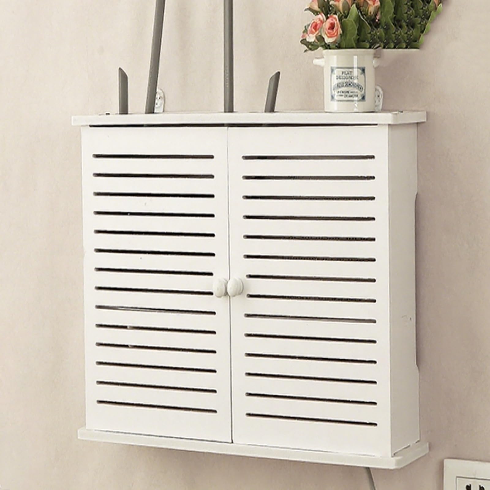 MESCXTY Wall Mounted WiFi Storage Box Hider,Router Shelter Box,Modem Cable Router Cover,Double-Deck Shelf,PVC Breathable Grid Organizer for Modem,for Home Office Use(33x9x26cm/13x3.5x10in)