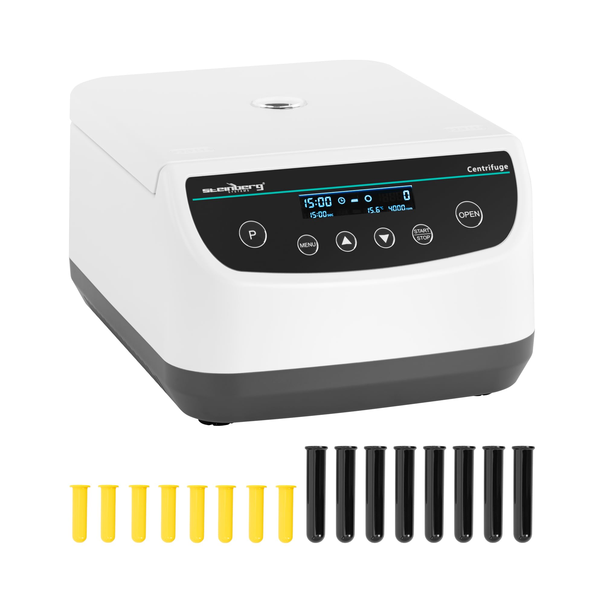 Steinberg Systems Tischzentrifuge 8 x 2/5 / 10/15 ml RZB 2075 xg 500-4000 U/min 9 Speicherplätze Timer vibrationsgedämmt kleine elektrische Laborzentrifuge Mini-Zentrifuge