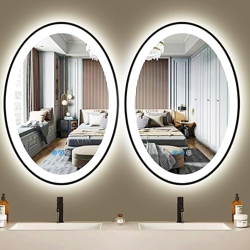 Miniatura 7 de THEKLA Espejo LED ovalado negro de 20 x 30 pulgadas para pared de baño, espejo ovalado iluminado con luces, marco negro, antivaho regulable, luces