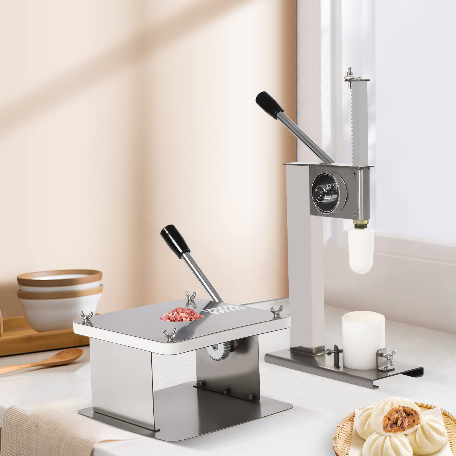 REHOUPTU Baozi Maker Dough Press Machine, New Baozi Maker with Closing Machine, Bun Dumpling Maker with 3 PCs of Mold, Steel Dough Press Maker, Use for Cooking Baozi, Green Dough Ball