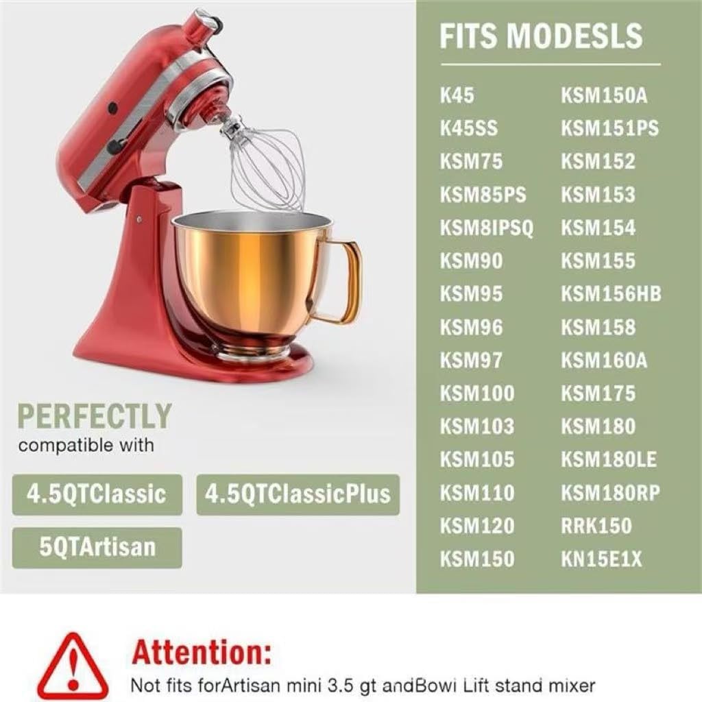 Stainless Steel Mixing Bowl for KitchenAid Tilt-Head Mixer, Polished Finish with Handle, 304 Food-Grade Material (Golden)
