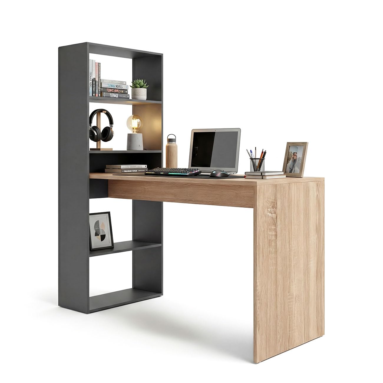 duehome | Escritorio Juvenil con Estanteria Reversible, Mesa de Ordenador, Modelo Cosmic, Acabado en Gris Antracita y Roble Canadian, Medidas: 120 cm (Largo) x 53 cm (Ancho) x 144 cm (Alto)