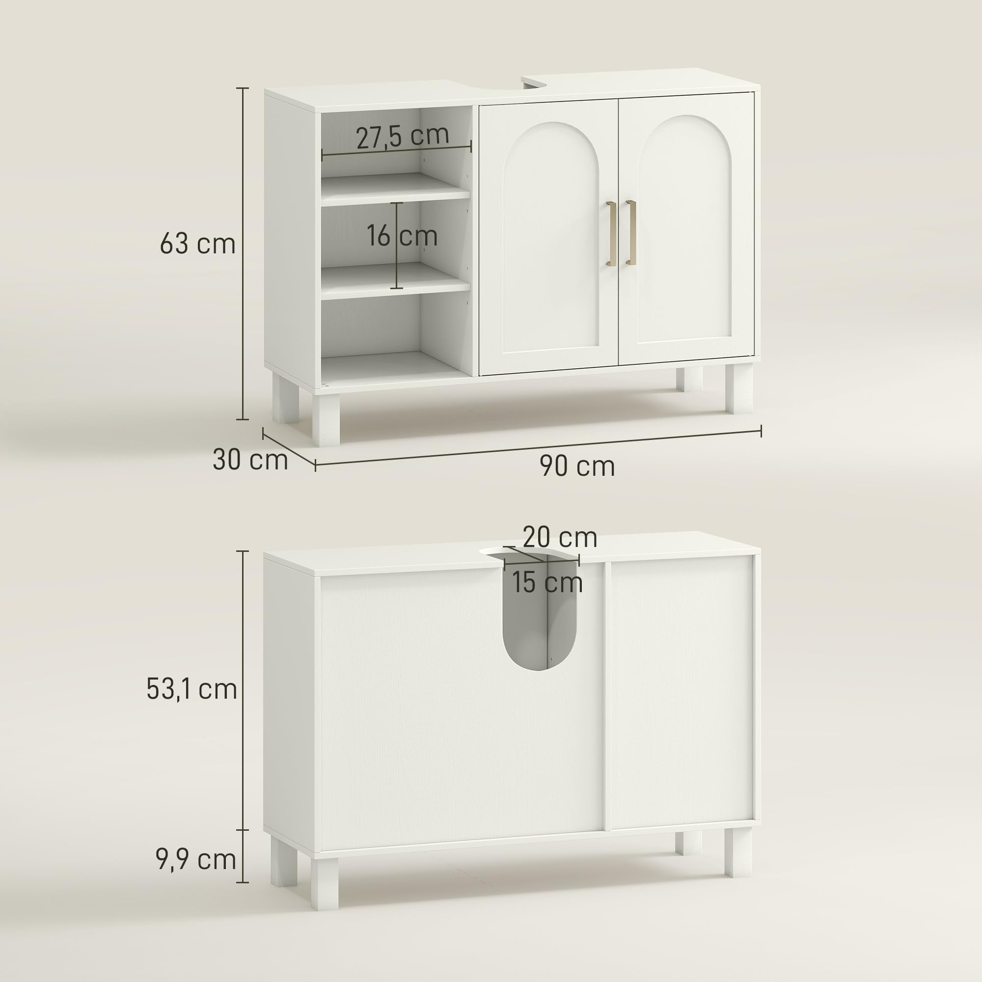 HOMCOM Meuble sous Lavabo, Meuble de Salle de Bain, 90 x 30 x 63 cm, Crème