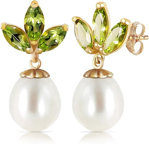 Galaxy Gold GG Pendientes de perlas cultivadas en agua dulce de oro amarillo de 14k con peridoto, Metal Gema, Peridoto Perla