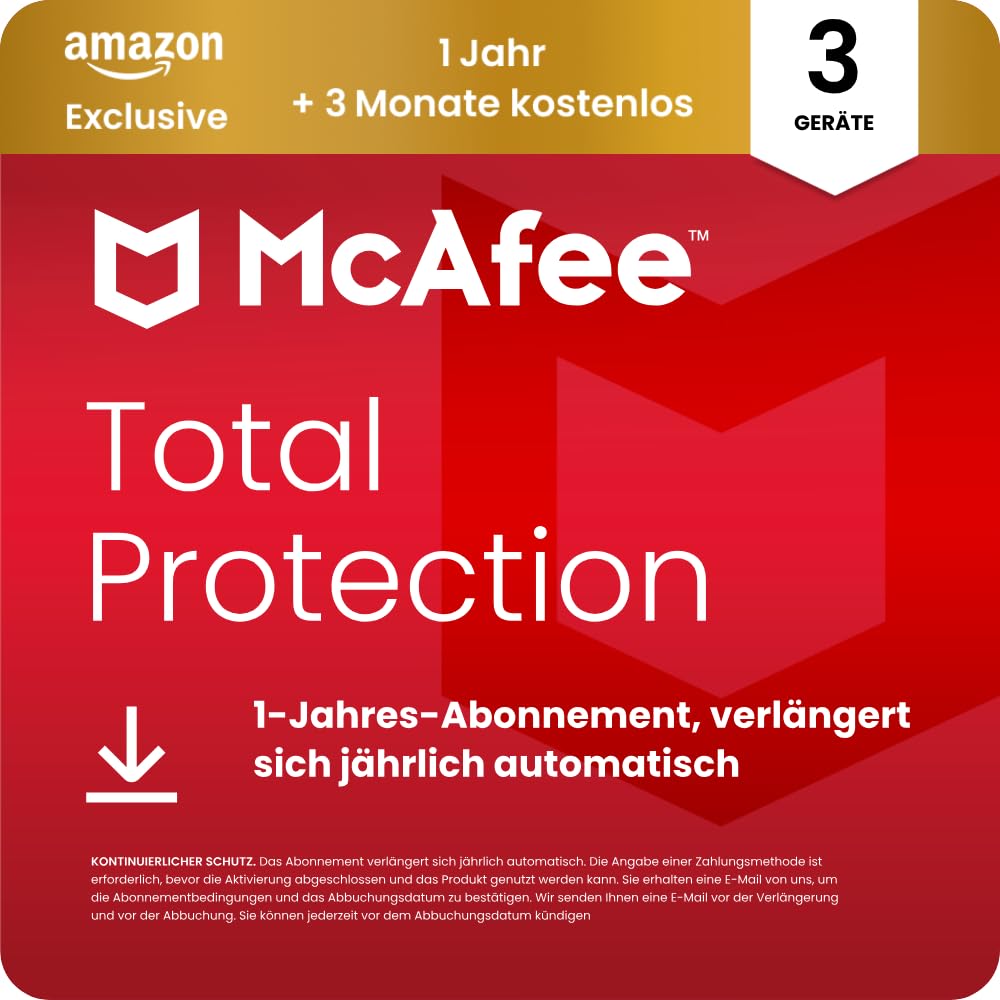 McAfee Total Protection 2026 (3 Geräte), 15 Monate Amazon Exklusiv | Virenschutz, VPN, Betrugsschutz, Sicherheitssoftware, Identitätsüberwachung | Abonnement mit automatischer Verlängerung | Download