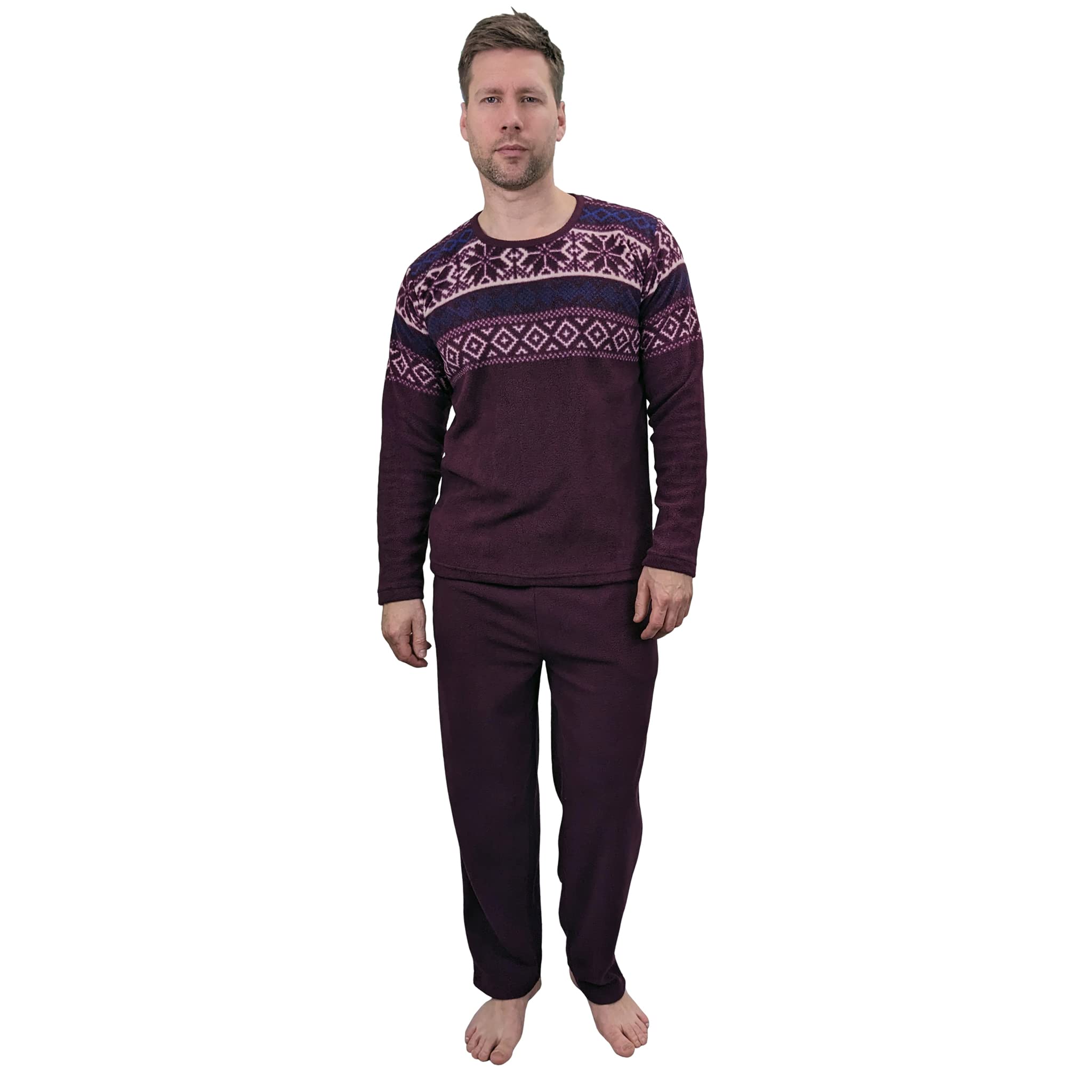 Kruxader Men's Bylur Burgundy Warm Thermal Fleece Loungewear Pj Pyjama Set Fairisle Pj's (, 2XL)