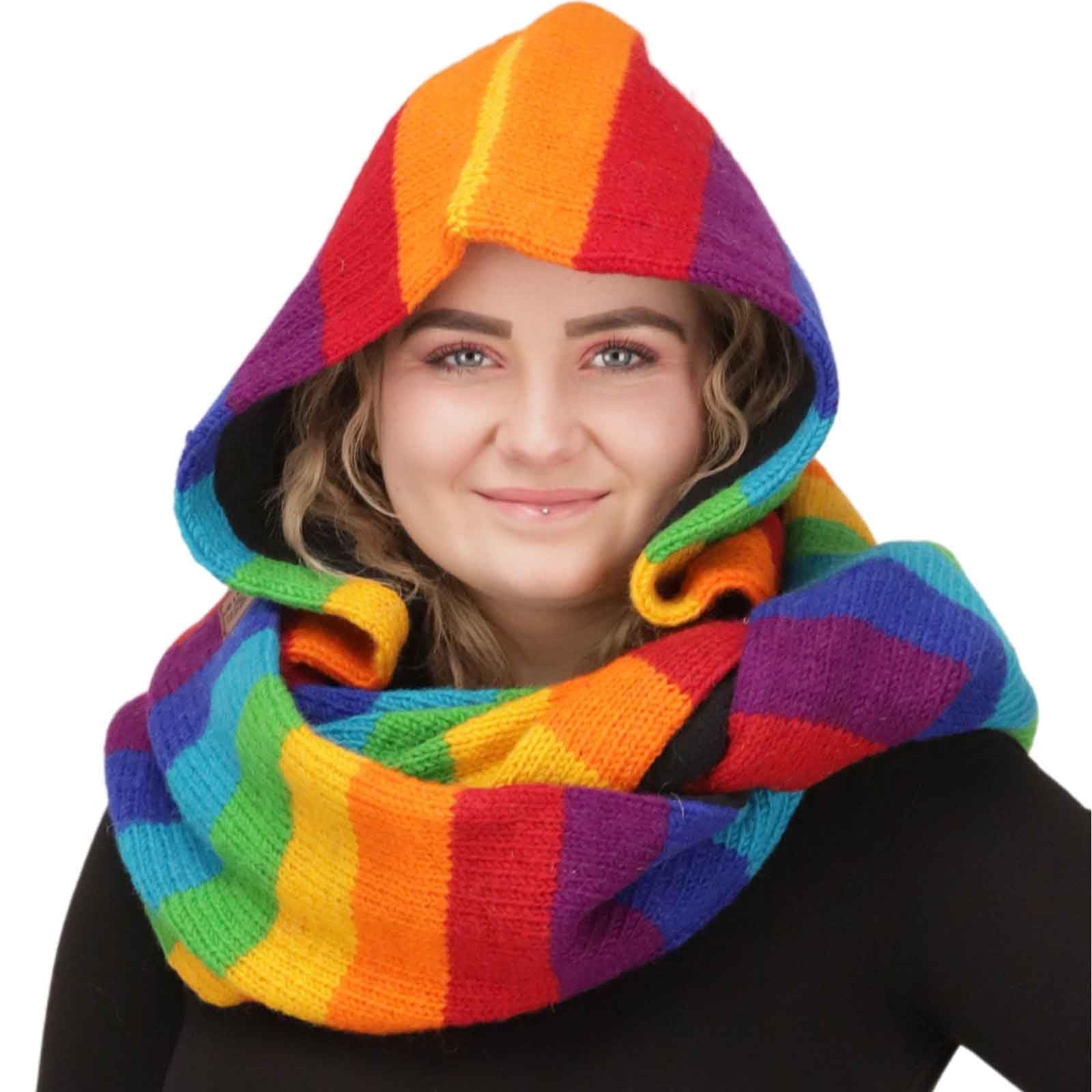 Kunst und Magie Damen Kapuzenschal Loop Schal Hoodie Schalmütze Poncho Regenbogenfarben aus Wolle gestrickt Strick Kapuze