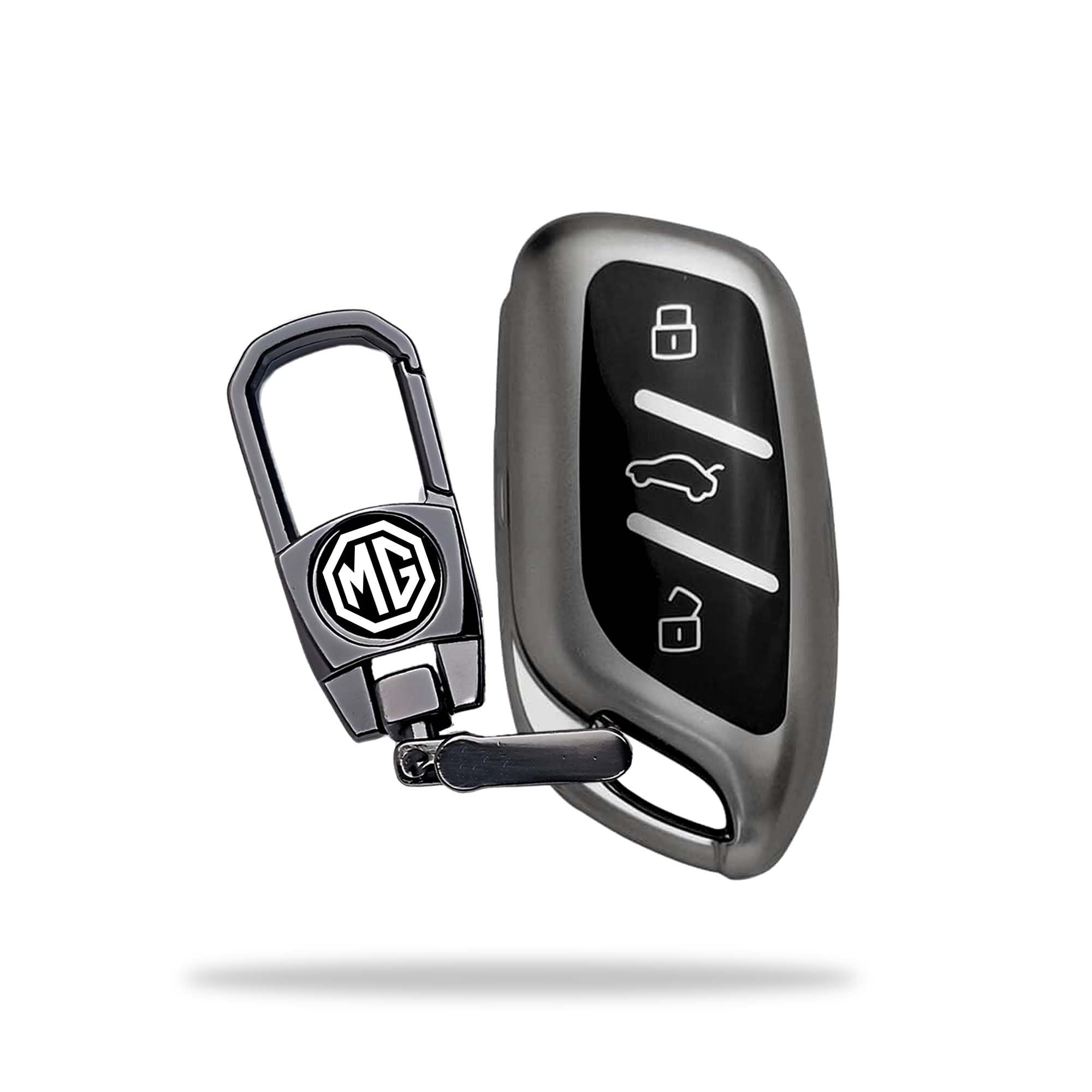 SIAGO Premium TPU Car Key Cover and Metal Keychain Compatible with MG ZS EV Electric | Astor 3 Button Flip Key (Grey)-image-3