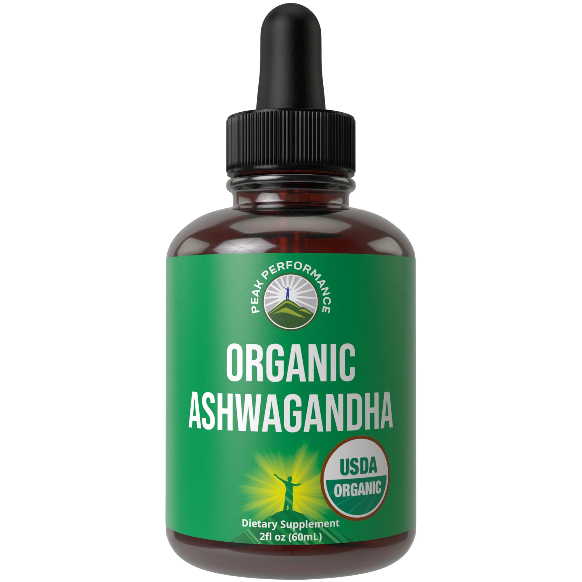 USDA Organic Ashwagandha Liquid Drops Supplement Vegan Extra Strength by Peak Performance