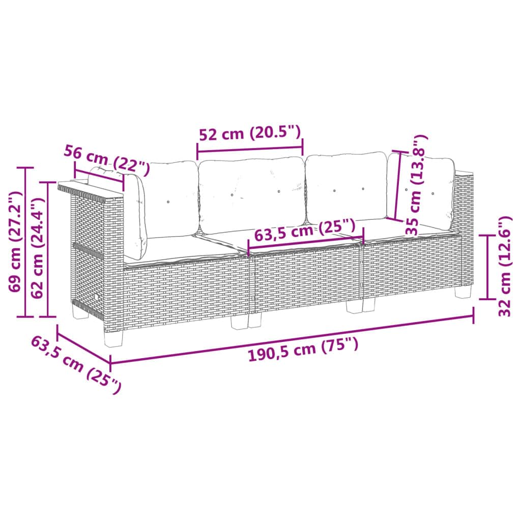 Sofá Jardín de Ratán de 3 Plazas, Sofá Exterior Negro Modular con Cojines Acolchados, Dimensiones 190.5 x 63.5 x 62 cm