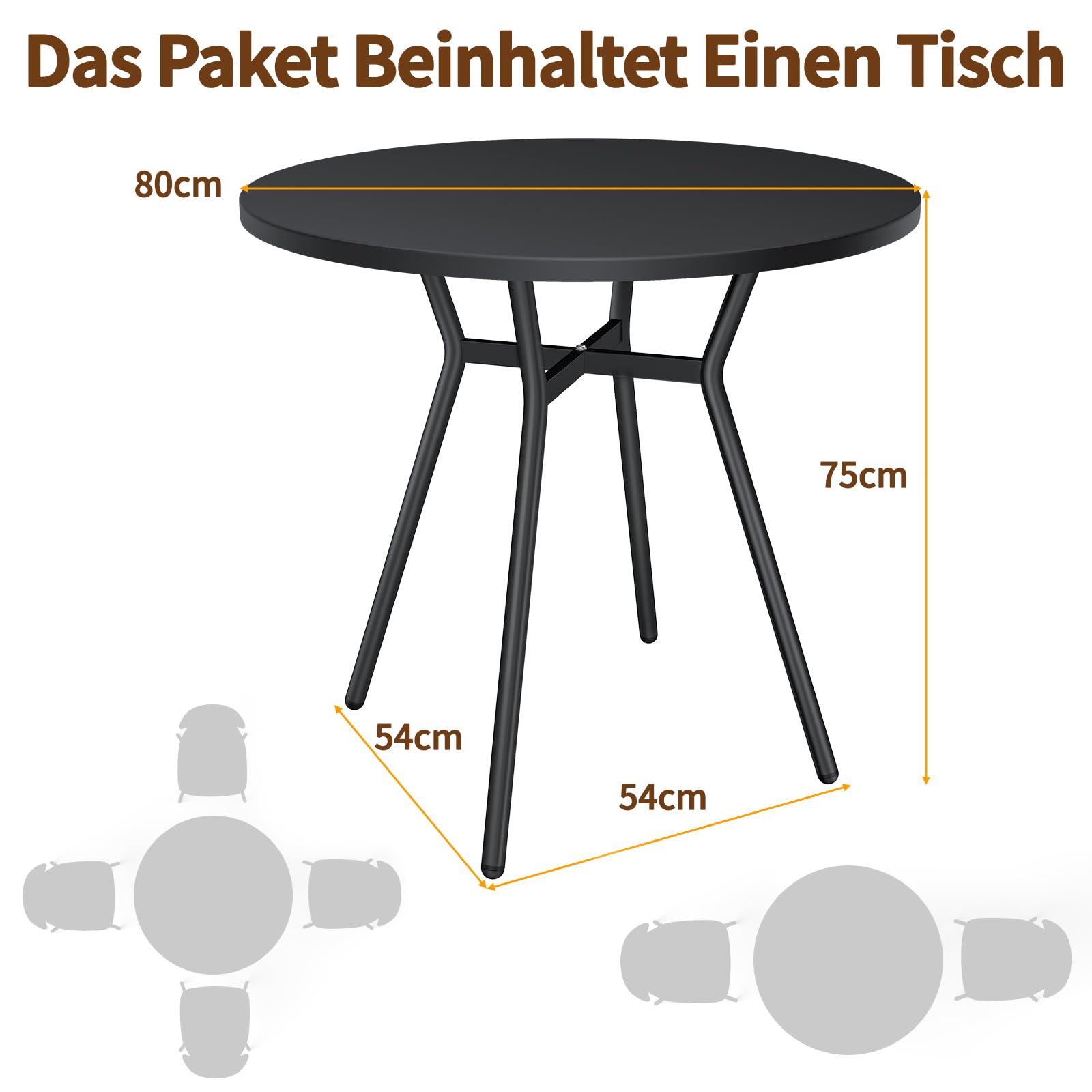 JIJIAN Runder Esstisch für 2-4 Personen, Kleiner Küchentisch 80 x 80 x 75 cm, Metallbeine, ideal für kleine Wohnungen, Küche, Esszimmer, Balkone und Gärten, Schwarz