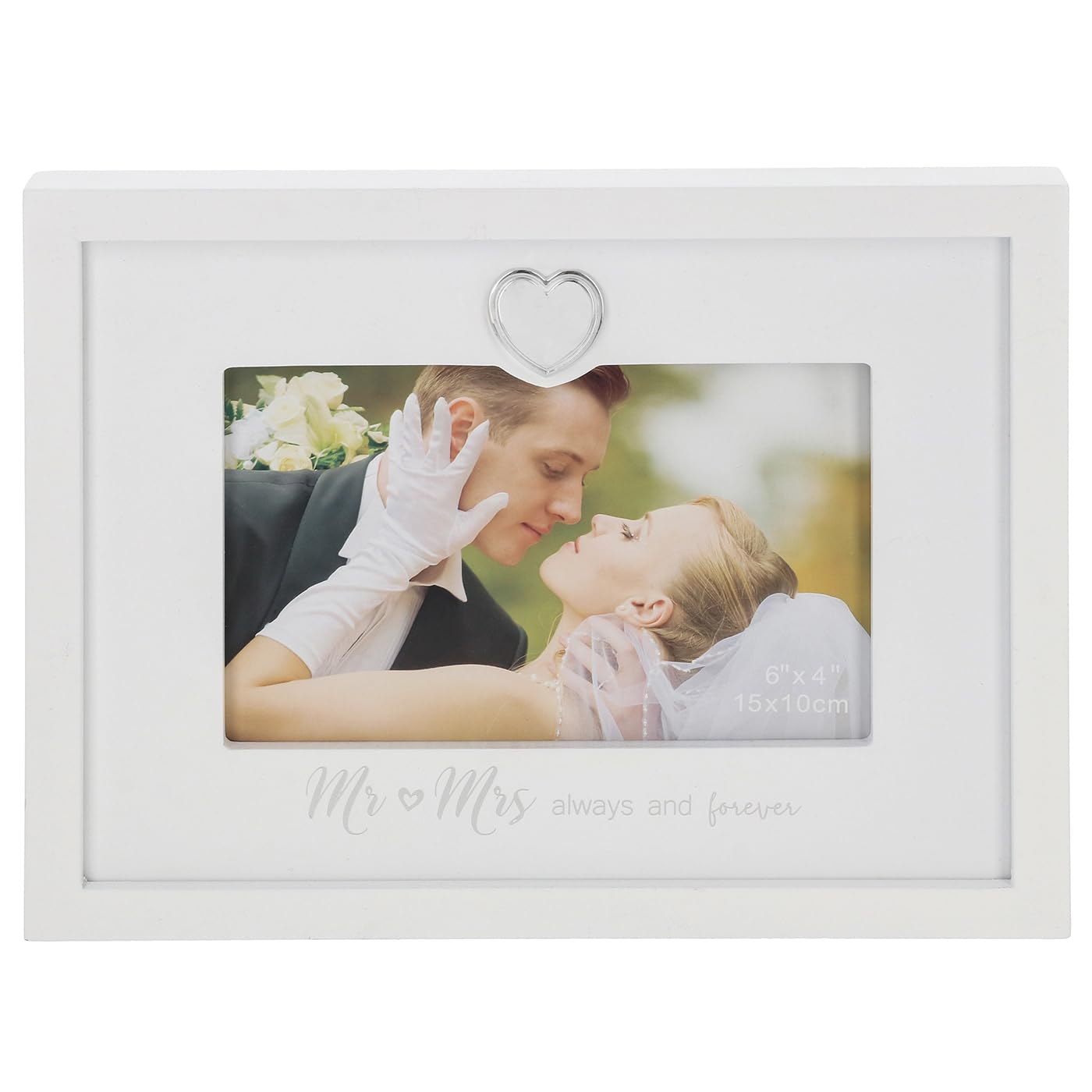 Shudehill Giftware Silver & White Heart Frame 6x4 White Landscape Photo Frame - Mr & Mrs or Engaged Wedding Gift Ideas (Mr & Mrs)