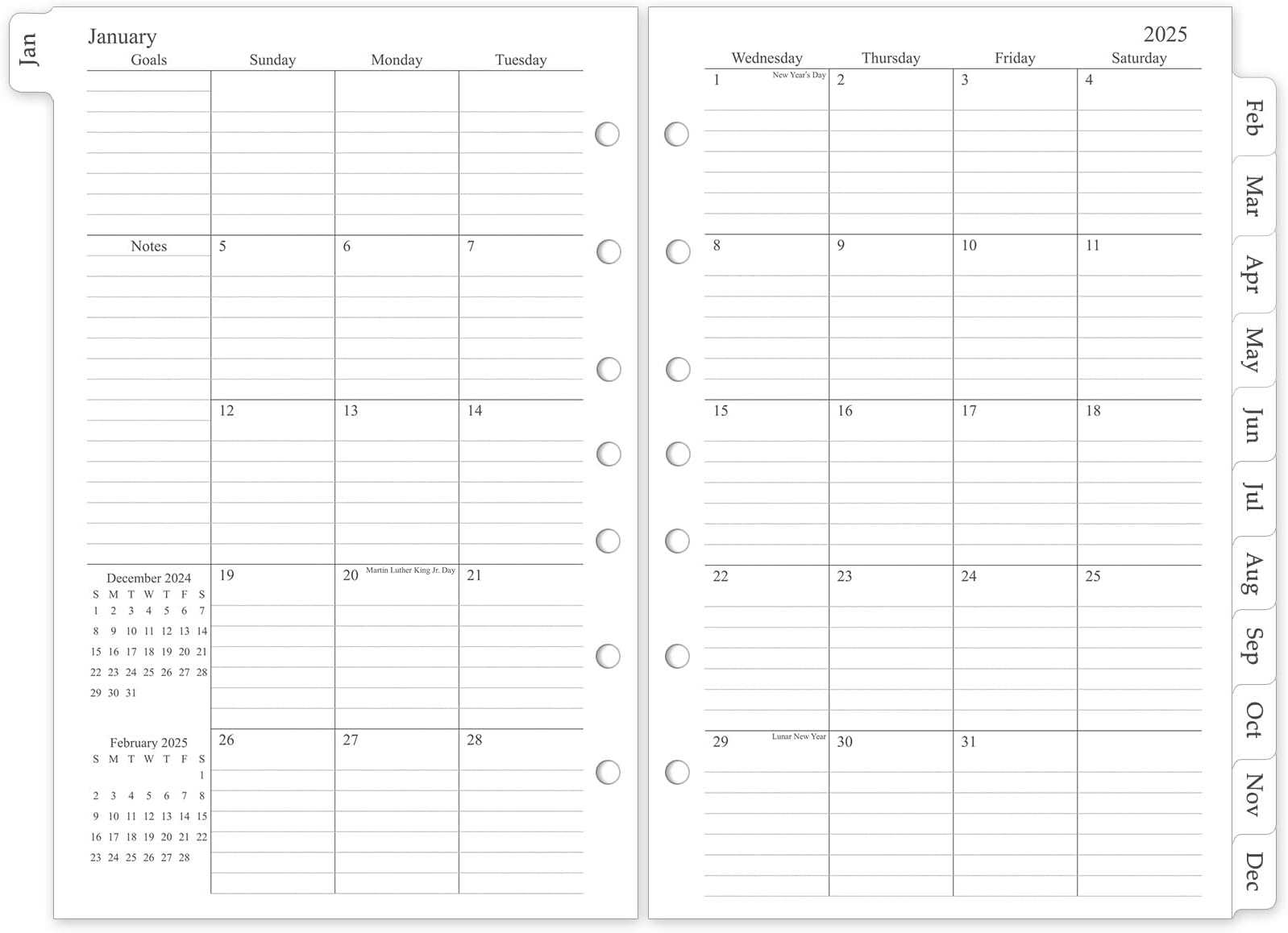 2025 Monthly Planner Refill, 7 Ring Inserts, 12 Calendars With Tabs, 5.5" x 8.5", 7-Hole Punched