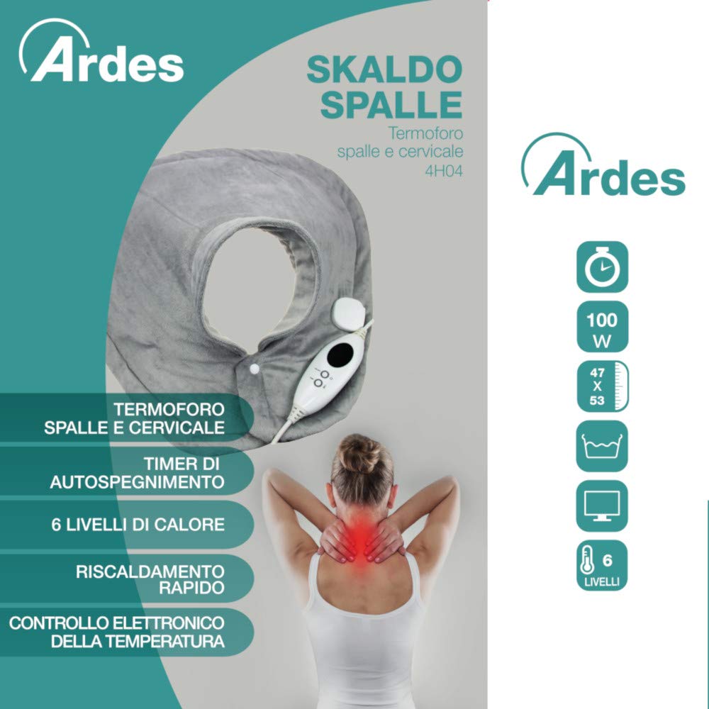 ARDES AR4H04 Almohadilla Térmica Eléctrica Calentadora Rápida Hombros Cuello Cervical 6 Niveles de Calor, Banda Cervical Cojín Térmico Eléctrico Relajante de Microfibra Suave Lavable en Lavadora