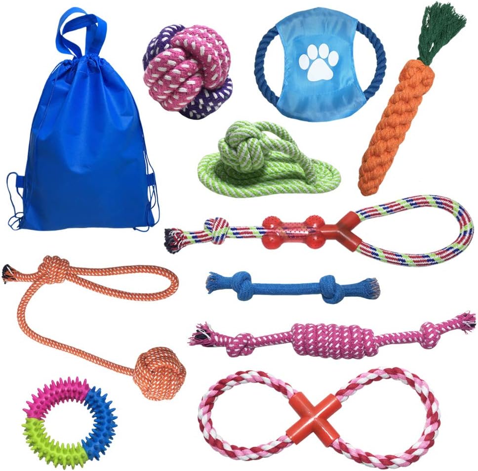 JollySweets 11 Pack Plush Dog Toy, Dog Cotton Toys Ropes Toys Set, Chew Toys, Teething Toys for Teeth Cleaning, Best Gift for Puppy Toys…