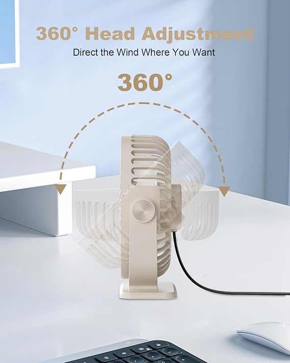TriPole USB Desk Fan Small Portable Personal Fan, 3 Speeds Adjustable Strong Breeze Mini Electric Fan, 360 Rotation Quiet Plug In USB Fan for Desktop Bedroom Office Table Travel Cruise, Beige, 4.5in