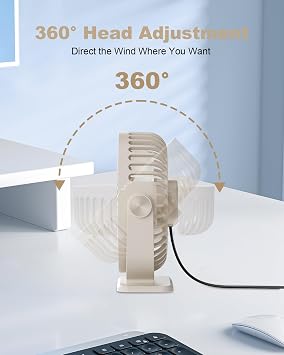 TriPole USB Desk Fan Small Portable Personal Fan, 3 Speeds Adjustable Strong Breeze Mini Electric Fan, 360 Rotation Quiet Plug In USB Fan for Desktop Bedroom Office Table Travel Cruise, Beige, 4.5in