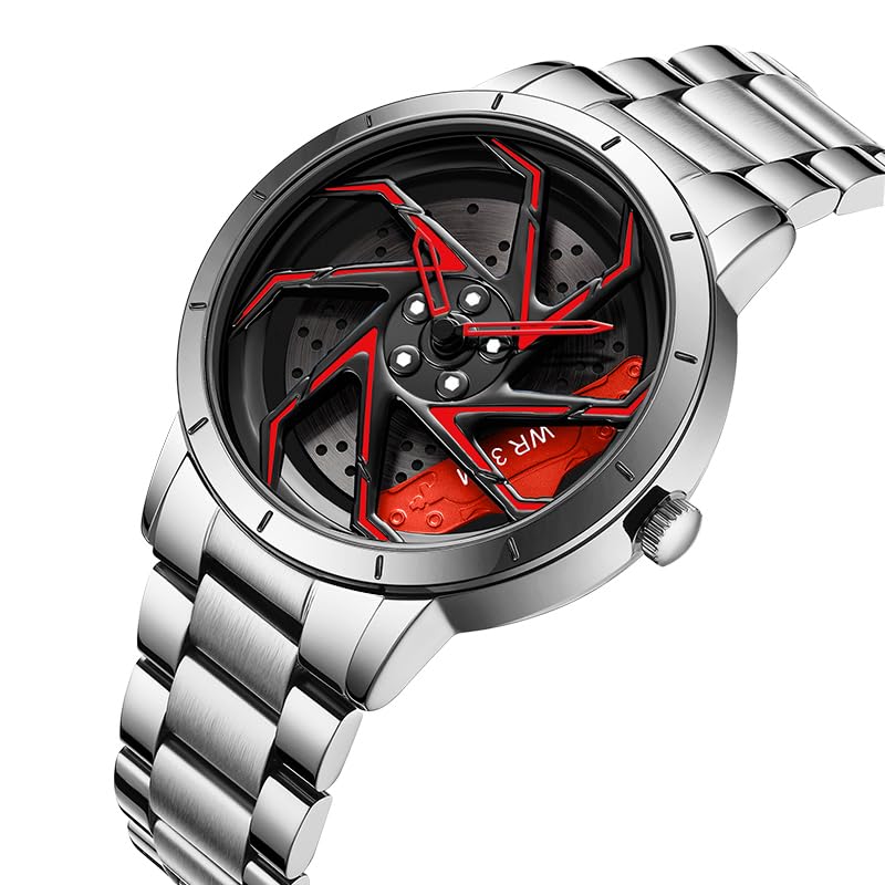 Image of FANMIS Men's Racing Car Wheel Watch 3D Spinning Dial Stainless Steel Watch | Creative 3D Spinning Car Quartz Large Skeleton Face and 30M Water Resistance Designed for Car Fans and Daily Wear.