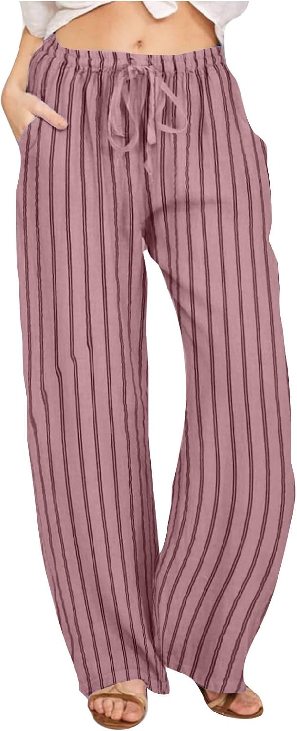 Casual Striped Cotton Linen Pants for Women Wide Leg Palazzo Drawstring High Waist Flowy Trousers Summer Slacks