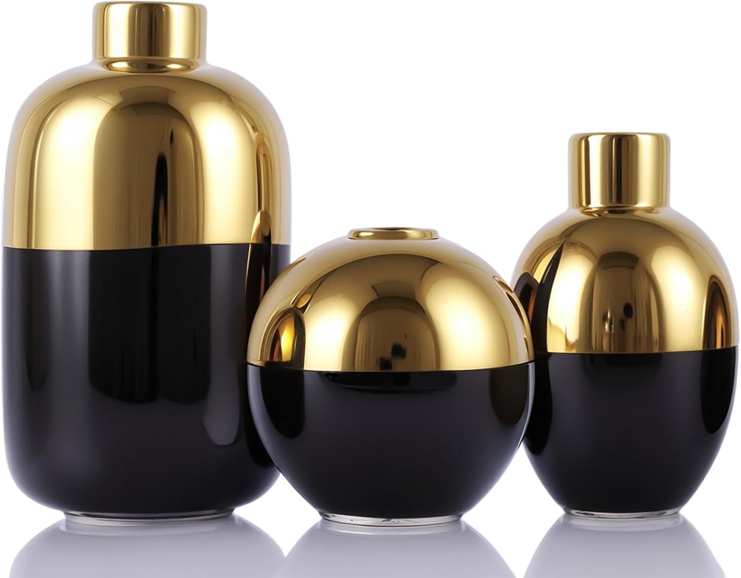 Black & Gold Ceramic Vase Set of 3, Modern Round Circle Electroplated Two-Tone Decorative Vases for Pampas Grass, Dining Table Wedding Centerpiece, Living Room Bedroom Office Bookshelf
