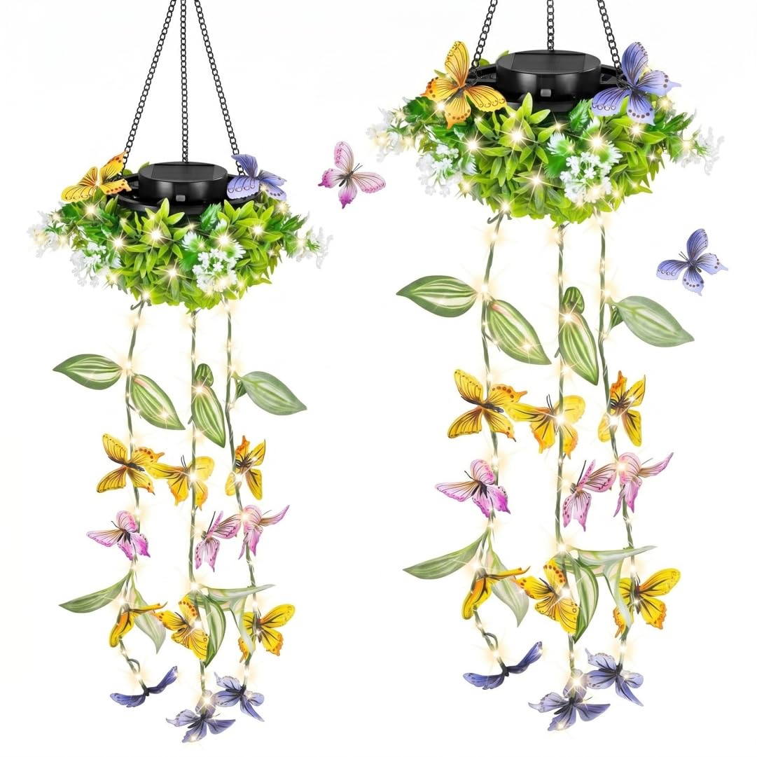 Paniers de fleurs suspendus solaires lot de 2 lampes papillon et lierre artificiel