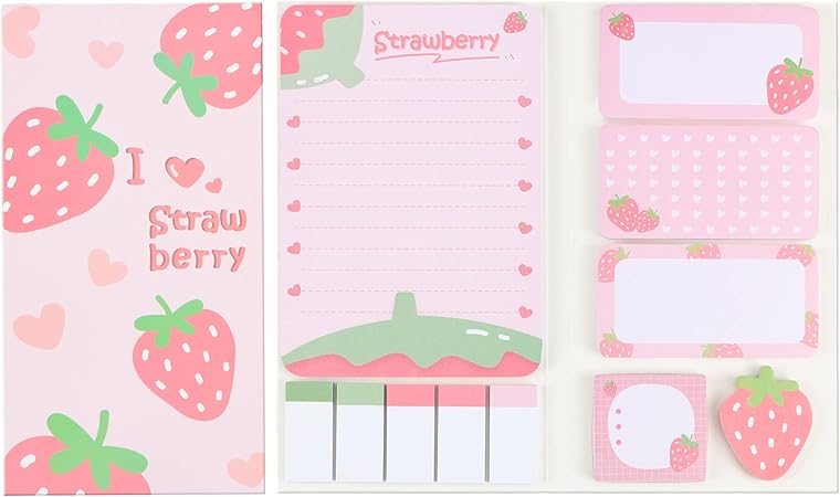 Strawberry Sticky Notes Set, 440 Sheets Kawaii Strawberry Pattern Self-Stick Notes Summer Fruit Writing Memo Pads Book Notes Divider Tabs Bundle Page Marker School Office Supplies