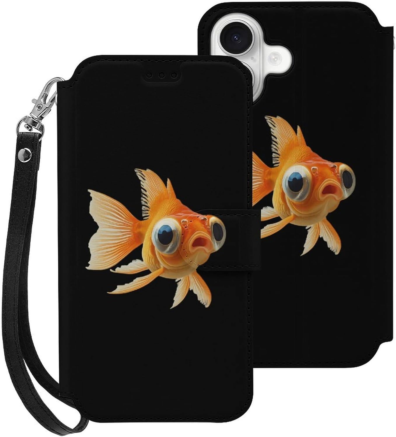 Bubble Eye Fish Compatible with iPhone 16/16 Plus/16 Pro/16 Pro Max/16 E Case Phone Wallet Card Holder Flip Cover with Wrist Strap