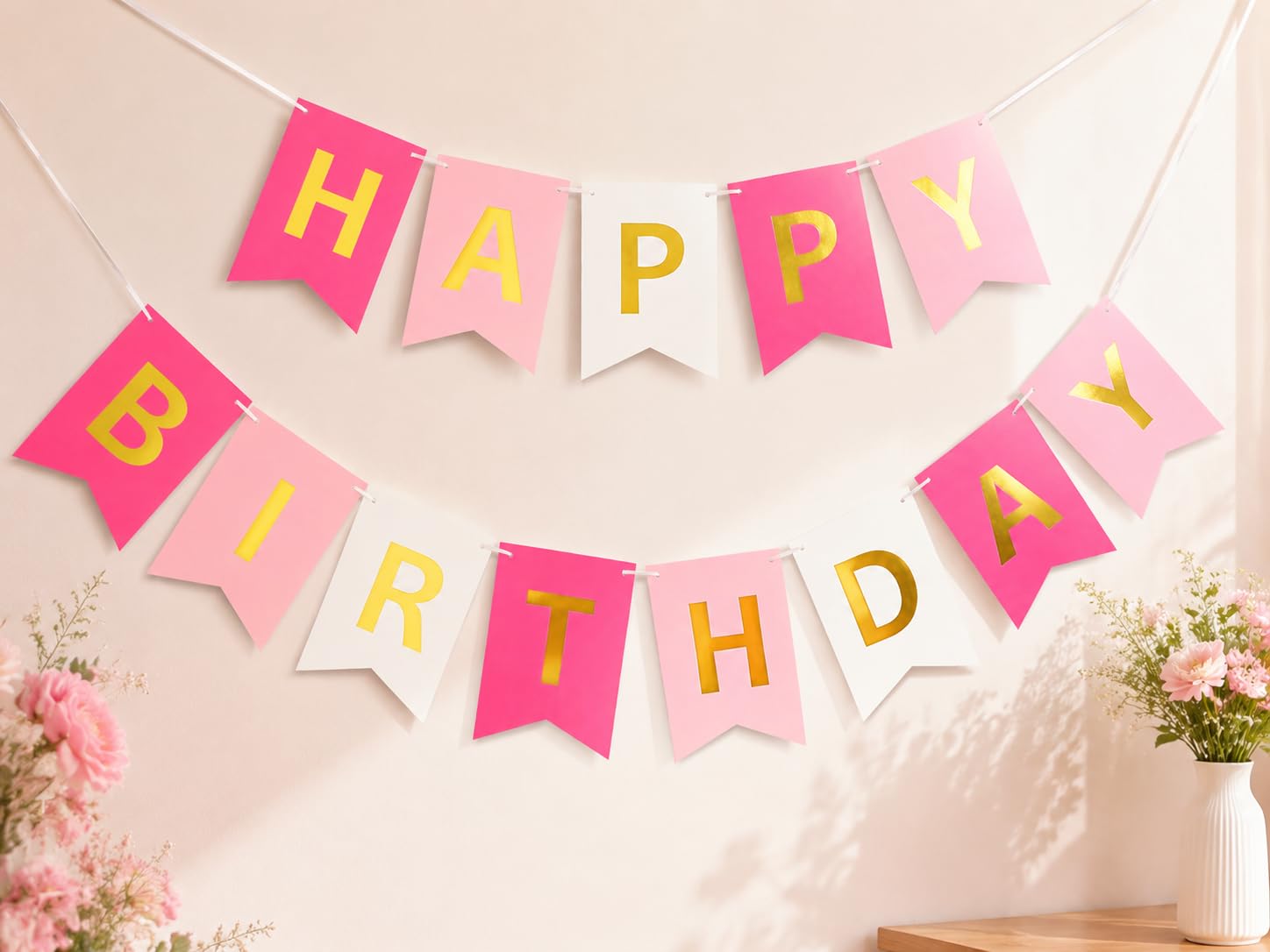 Roseo różowy baner 'Happy Birthday' znaki złoty blask śmieszne artykuły na | 13 flag z 2 satynowymi wstążkami łatwa dekoracja urodzinowa do wnętrz na ściany stołów tortowych i tła fotograficzne