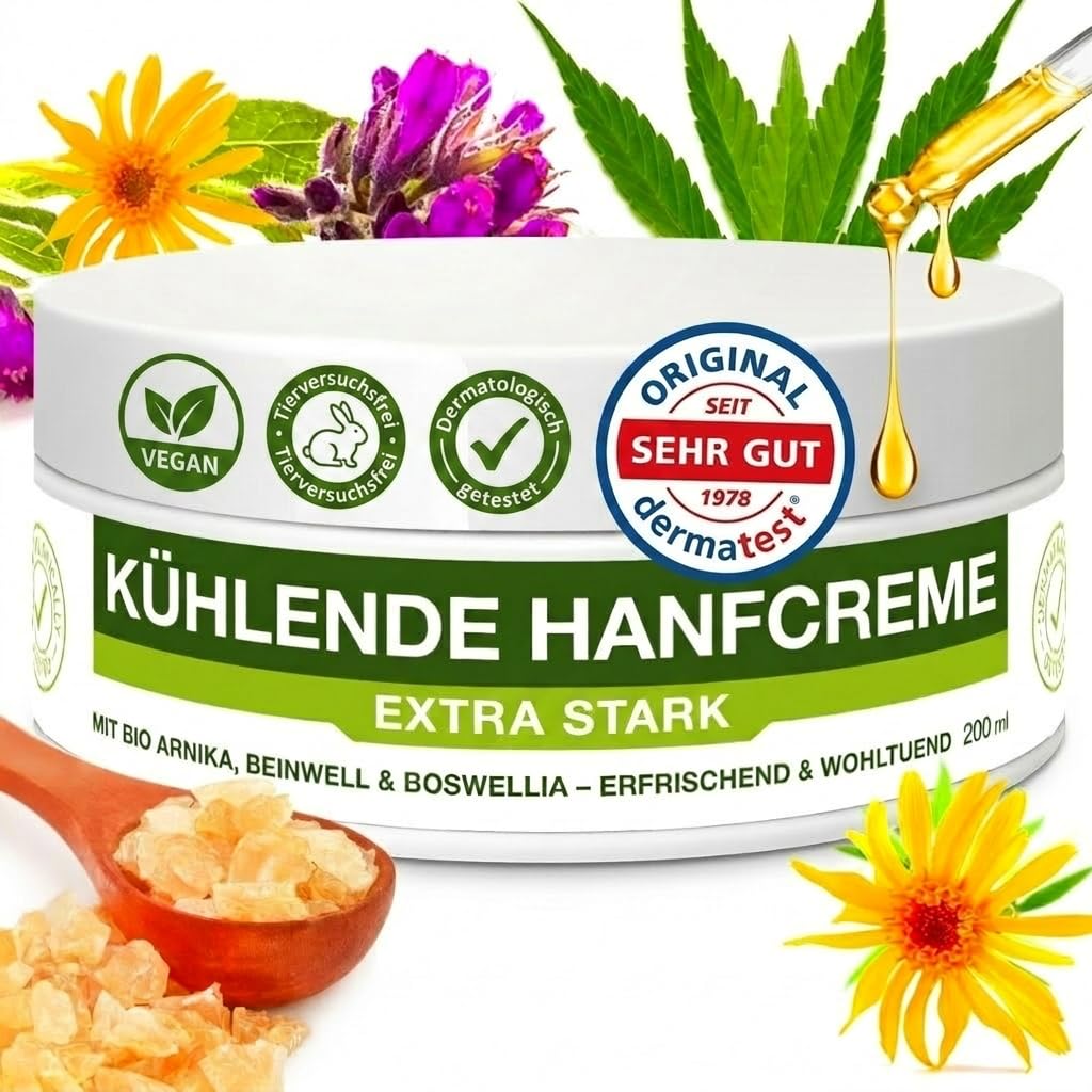 Extrastarke Hanf 𝗦𝗰𝗵𝗺𝗲𝗿𝘇𝘀𝗮𝗹𝗯𝗲 bei Knie, Gelenk-Nacken- u. Muskel-𝙎𝙘𝙝𝙢𝙚𝙧𝙯𝙚𝙣, 𝘼𝙧𝙩𝙝𝙧𝙤𝙨𝙚, 𝙀𝙣𝙩𝙯ü𝙣d𝙪𝙣𝙜𝙨𝙝𝙚𝙢𝙢𝙚𝙣𝙙𝙚 salbe - Vegan - Ohne Tierversuche