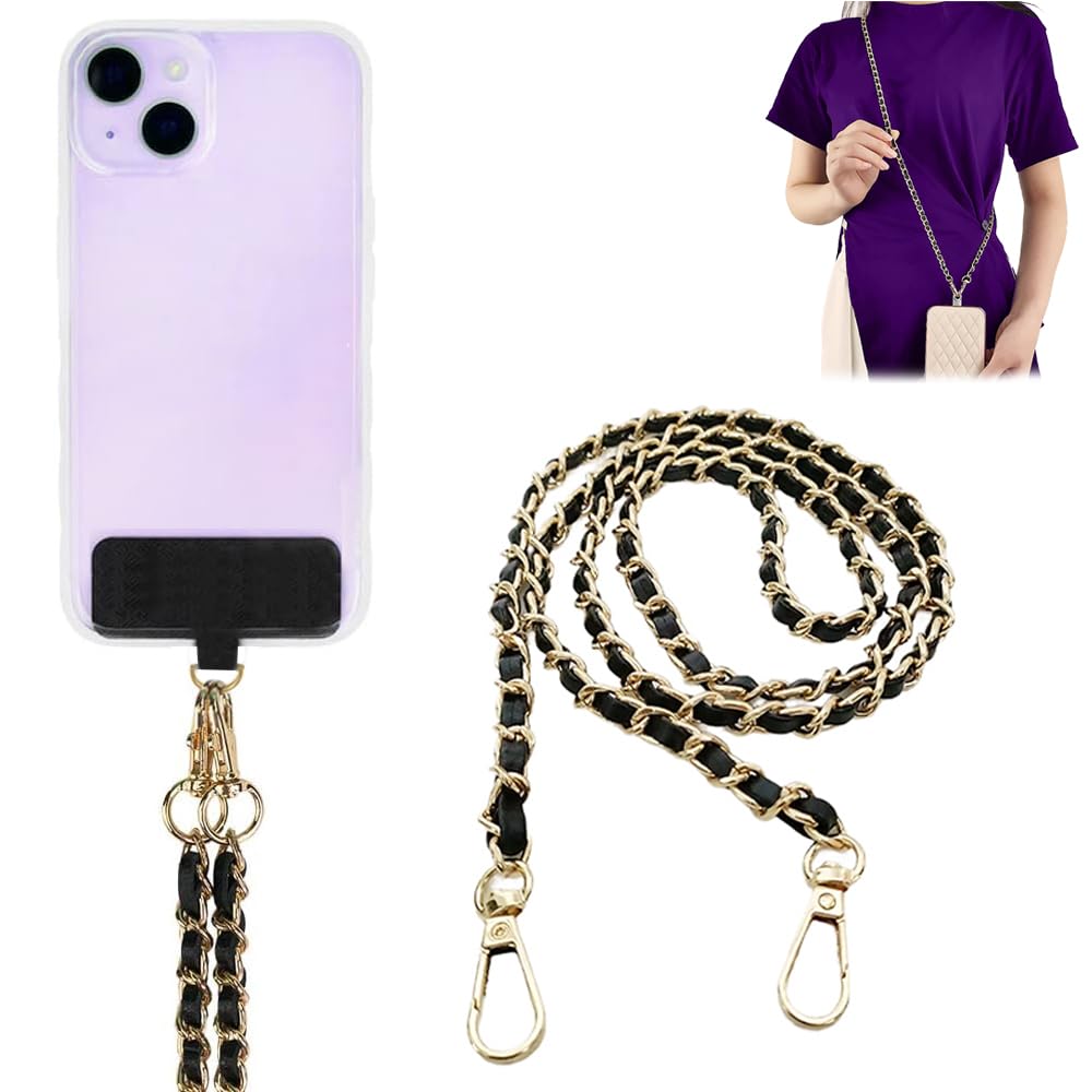 ECOME UNIVERSE Leather Lanyard for Phone Elegant Golden Metal Mobile Chain Durable Neck Strap Crossbody Strap for Phone Convenient Mobile Strap for Hand Secure Chain for Phone Case (Black) (B0CP54RFLG) Amazon Price History, Amazon Price Tracker