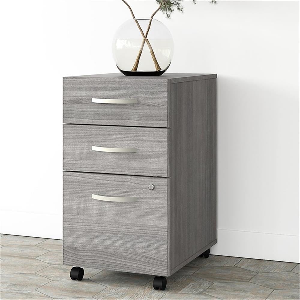 Pemberly Row 3 Drawer Mobile File Cabinet, 16W x 20D x 28H, Engineered Wood, Platinum Gray Finish, Lockable, Compact Design, Rolling Workplace Storage Solution for Office Use