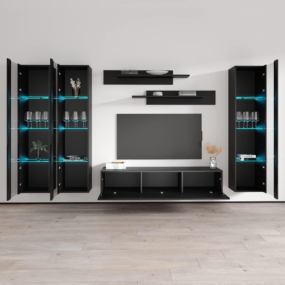 Meble Furniture Fly CD1 30TV Stand — Wall-Mounted Floating Entertainment Center with Storage and LED Lights — Modern High Gloss, 59.1 x 15.7 x 19.7 inches — Black