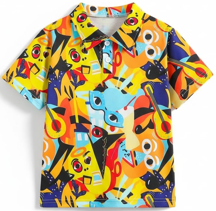 Image of Kids Easter Pattern Multi-Colored Printed Short Sleeve Button-Up Polo Shirt for Boy