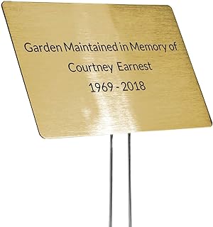 Outdoor Metal Garden Sign, Label, or Memorial. 4 x 2" or 6 x 4" sign with rounded corners and a 10" stake. Materials Include: Stainless Steel, Brass, Copper, Bronze and Titanium. (Brass, 4 x 6")