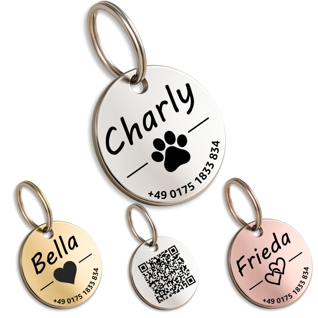Hundemarke mit Gravur - Personalisiert - Edelstahl - ⌀30mm - Silber - Namensschild für Halsband - Dog Tag - Anhänger Marke für Hunde - mit Symbolauswahl - Tiermarke für Hunde, Katzen, Welpen, Pferde