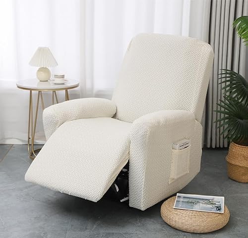 Miniatura 8 de Funda Sillon Relax Reclinable 1 Plaza, 4 Piezas Funda Butaca Elástica Antideslizante Con Bolsillos Laterales Y Protectores Para Reposabrazos, Funda Protectora Para Sofá De Televisión Beige