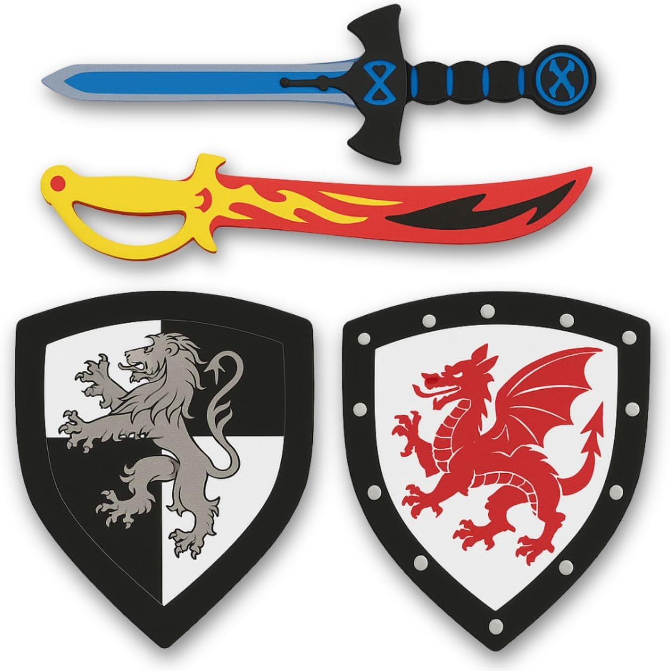 Liberty Imports 4 PCS Dual Foam Sword and Shield Combo Playset - Medieval Combat Warrior Weapons, Joust Dragon Knights Lightweight Set Costume Role Play Accessories for Kids, Boys, Girls