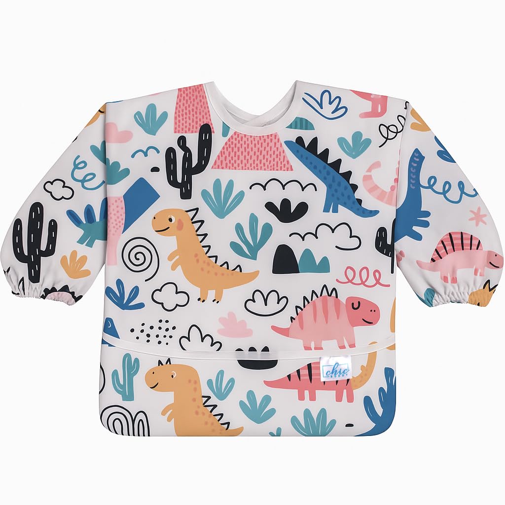 Chic Buddy Baby Long Sleeve Bib, Toddler Children's Leak-Free Baby Bib with Sleeves,Washable/Lightweight/Wipeable (6-24 Months) waterproof Apron with Pocket (Dinosaur)