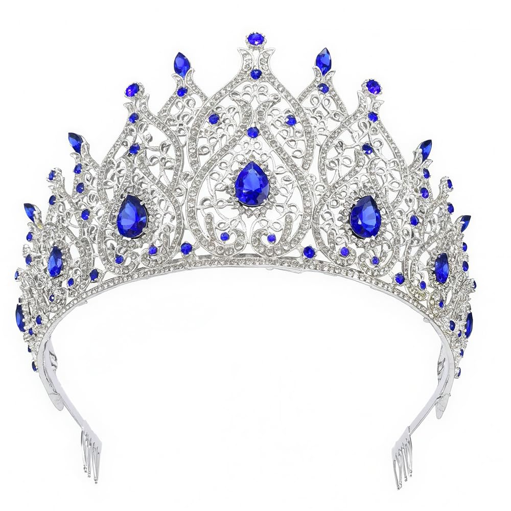 Crystal Queen Crown with Comb for Women, 5.51 Inch Tall, Blue
