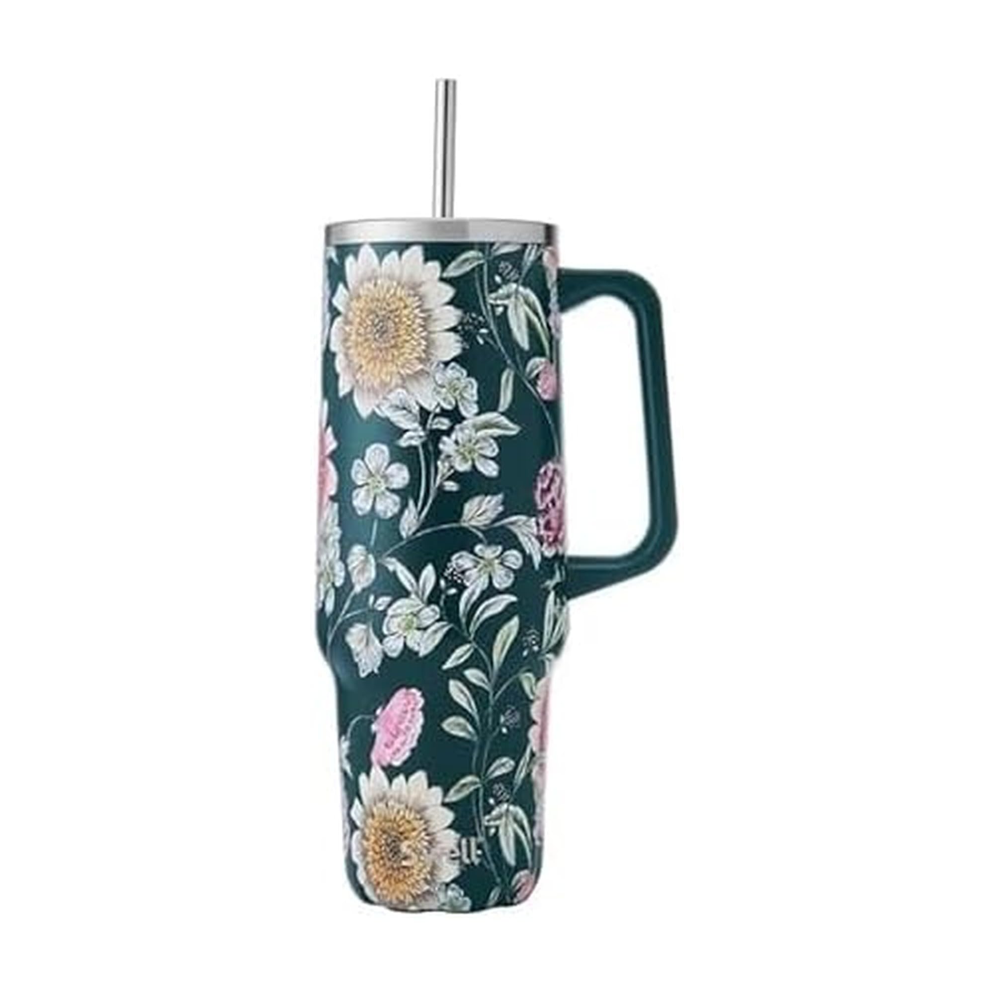 Recycled Stainless Steel Tumbler XL with Straw and Handle, 40oz, Midnight Botanical, Triple Layered Vacuum Insulated Container Keeps Drinks Cold 50 hours and Hot for 10, BPA Free