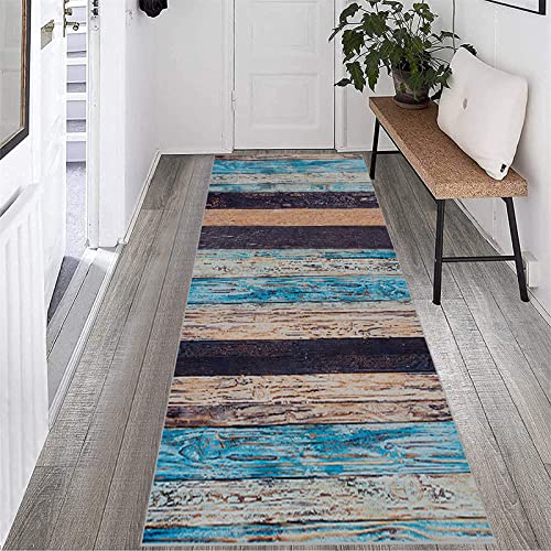 Tapis de cuisine lavables bleu et antidérapant à effet bois rustique