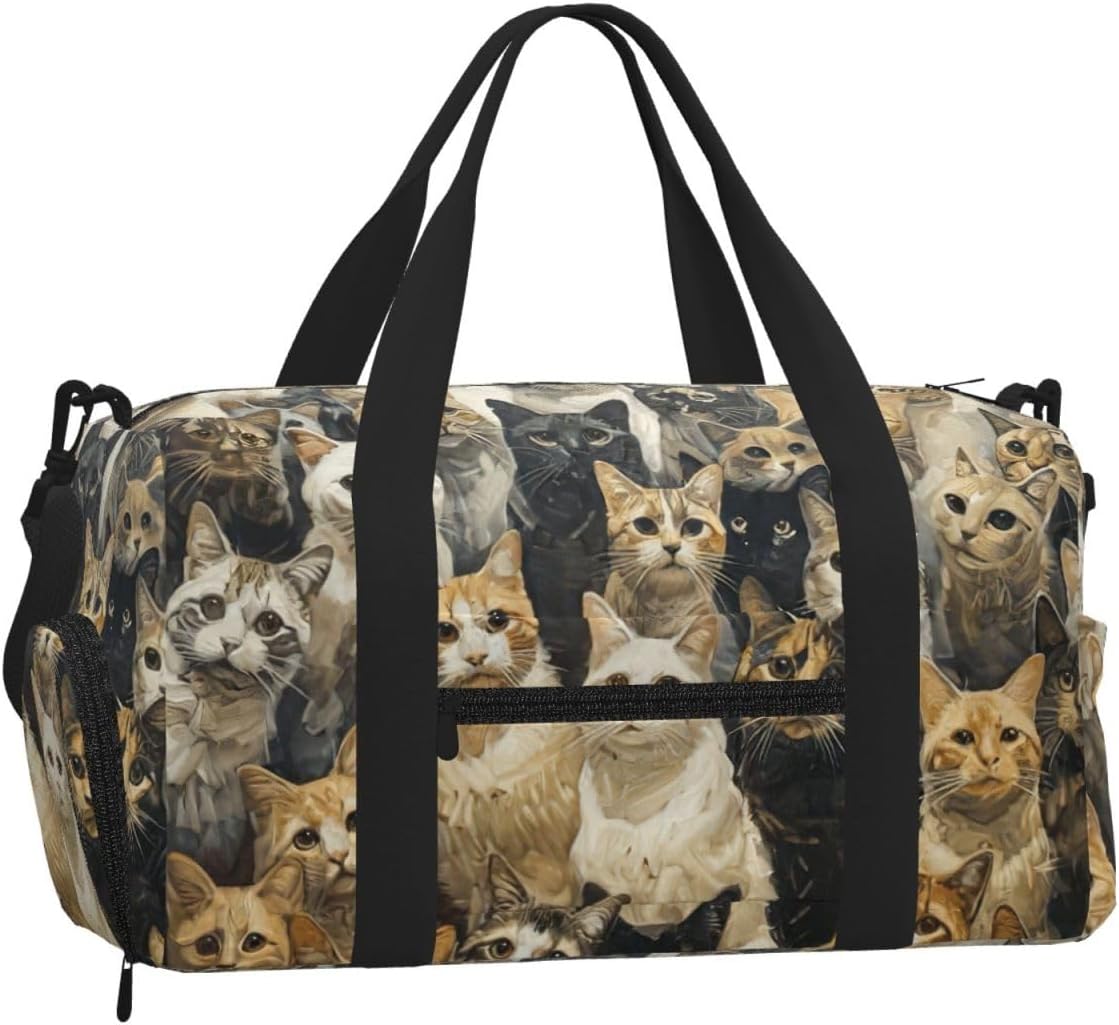 Cat Print Handheld Sports Luggage Unisex Crossbody Bag Travel Weekend Fitness Workout